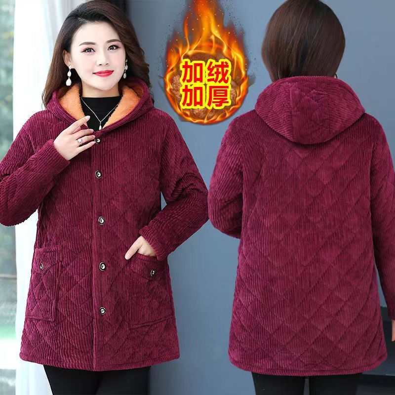 四川省服冬季加厚新款时尚纯色连帽中长款棉袄中老年女装棉袄外套