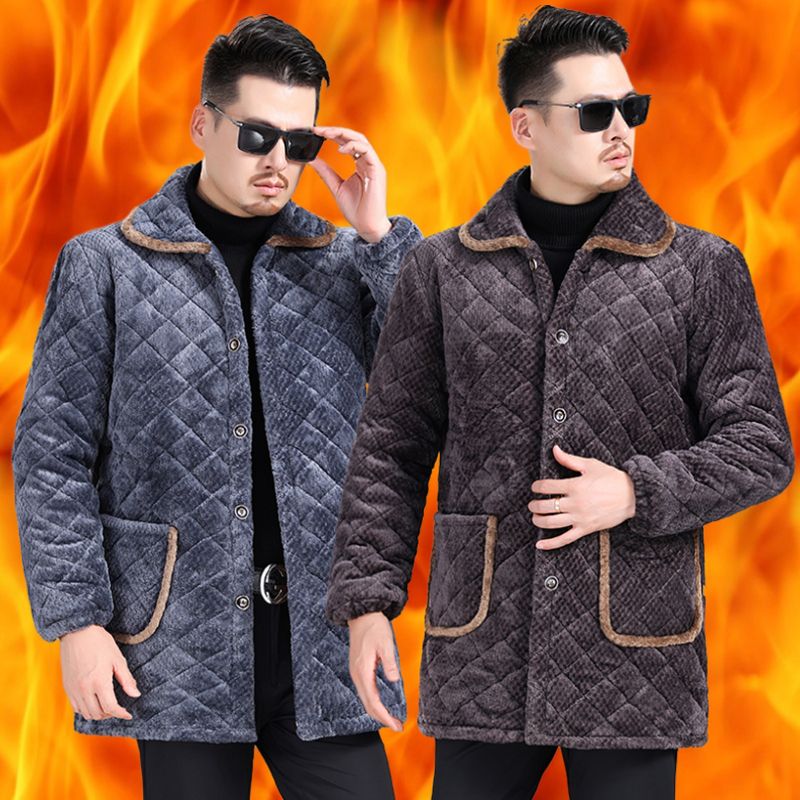 四川省服冬季加绒加厚男棉袄长款宽松翻领棉衣双面绒罩衣工作大褂