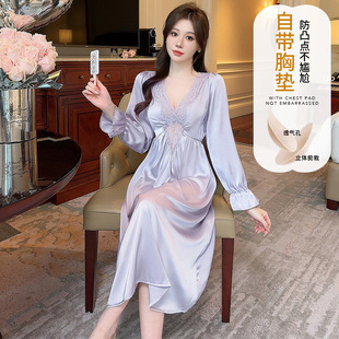 春秋季性感睡衣女冰丝2025新款长袖蕾丝纯欲风高级感长款丝绸睡裙