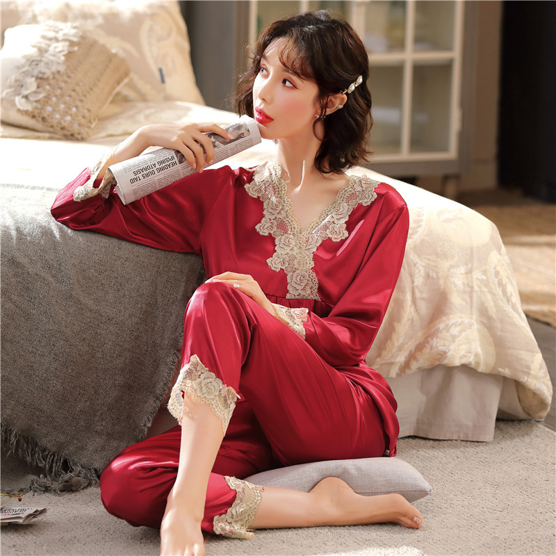 丝绸结婚新娘v领本命年红色睡衣