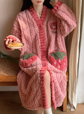 珊瑚绒睡袍女秋冬长款加厚甜美可爱睡裙法兰绒浴袍冬季睡衣家居服