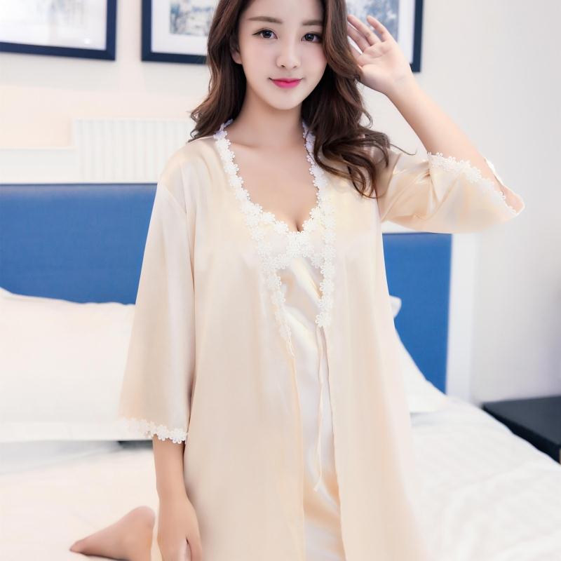 带胸垫睡衣女春秋夏季性感冰丝薄款蕾丝吊带睡裙睡袍两件套家居服