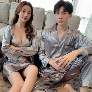 春秋冰丝绸情侣睡衣女夏季 家居服 真丝结婚红色睡裙睡袍男两件套装