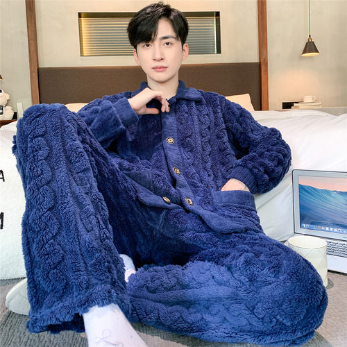 睡衣男款秋冬季珊瑚绒长袖加厚加绒男士法兰绒保暖大码家居服套装