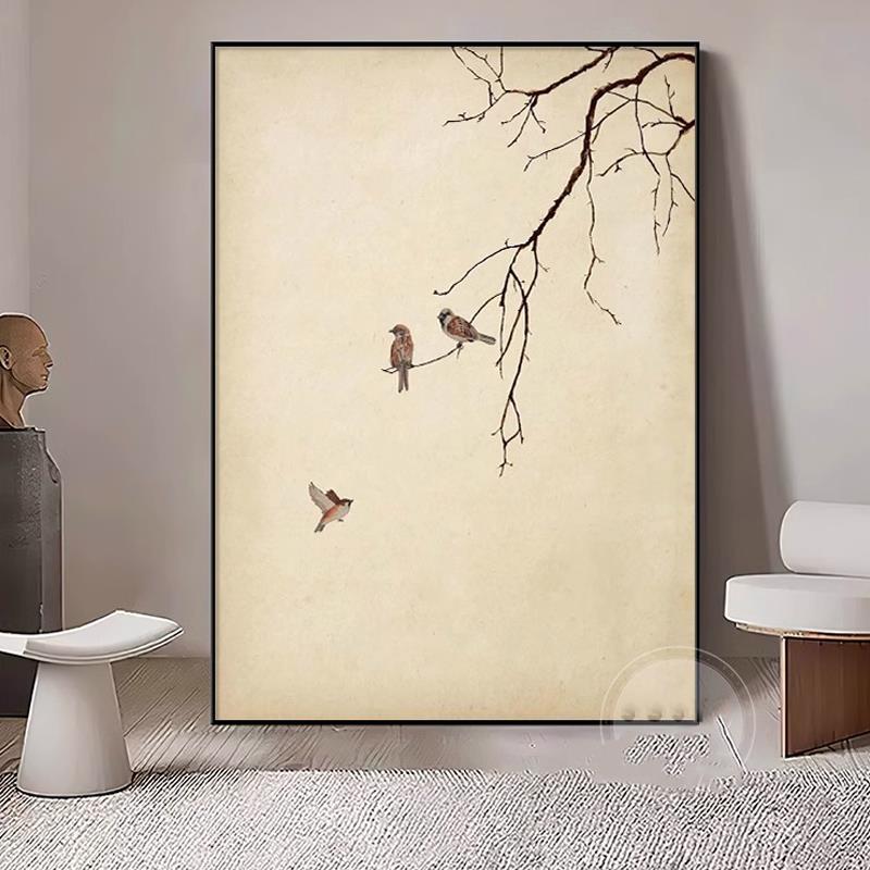 宋代美学新中式客厅沙发背景装饰画画入户玄关酒店花鸟树枝极简挂