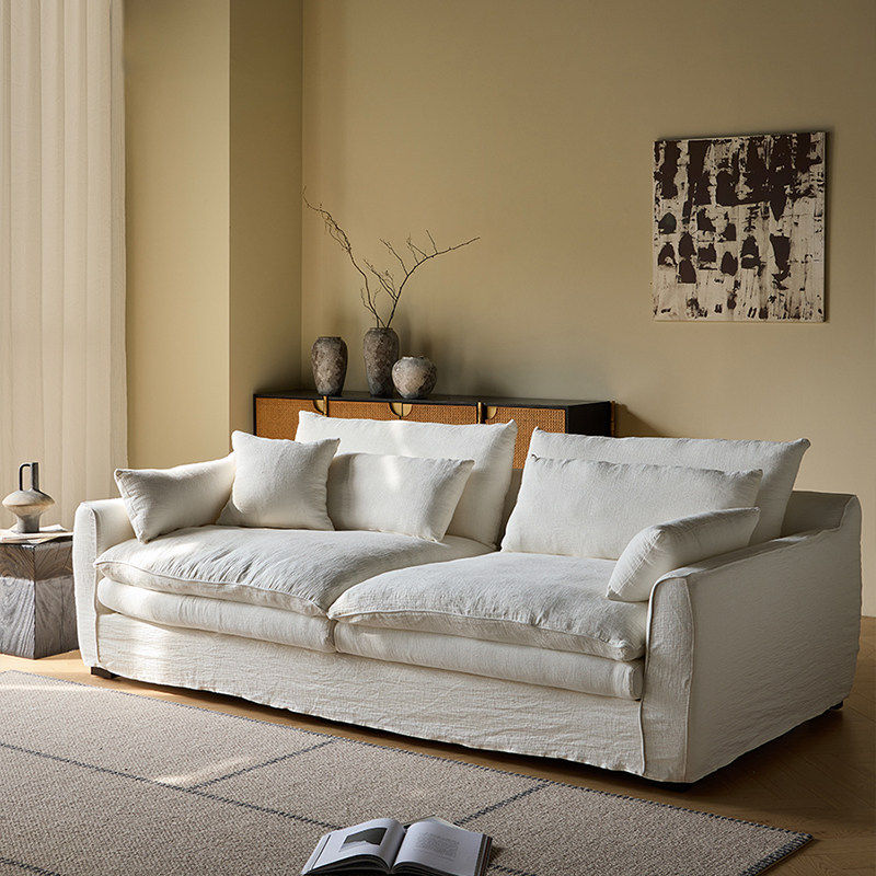 侘寂风怀抱沙发亚麻布艺客厅小户型全拆洗法式奶油风直排棉麻沙发