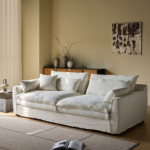 侘寂风怀抱沙发亚麻布艺客厅小户型全拆洗法式奶油风直排棉麻沙发