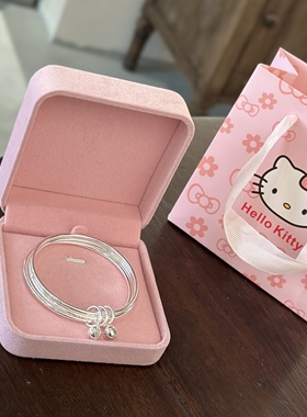 999足银手镯女三圈铃铛实心银手环多层叠戴纯银镯子送人生日礼物