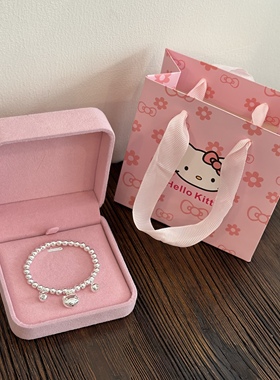 999纯银圆珠手链女铃铛可爱Kitty吊坠银手串宝宝儿童送人生日礼物
