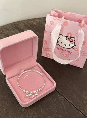 正品999足银Kitty猫铃铛手镯女实心年轻款送女友闺蜜生日纪念礼物