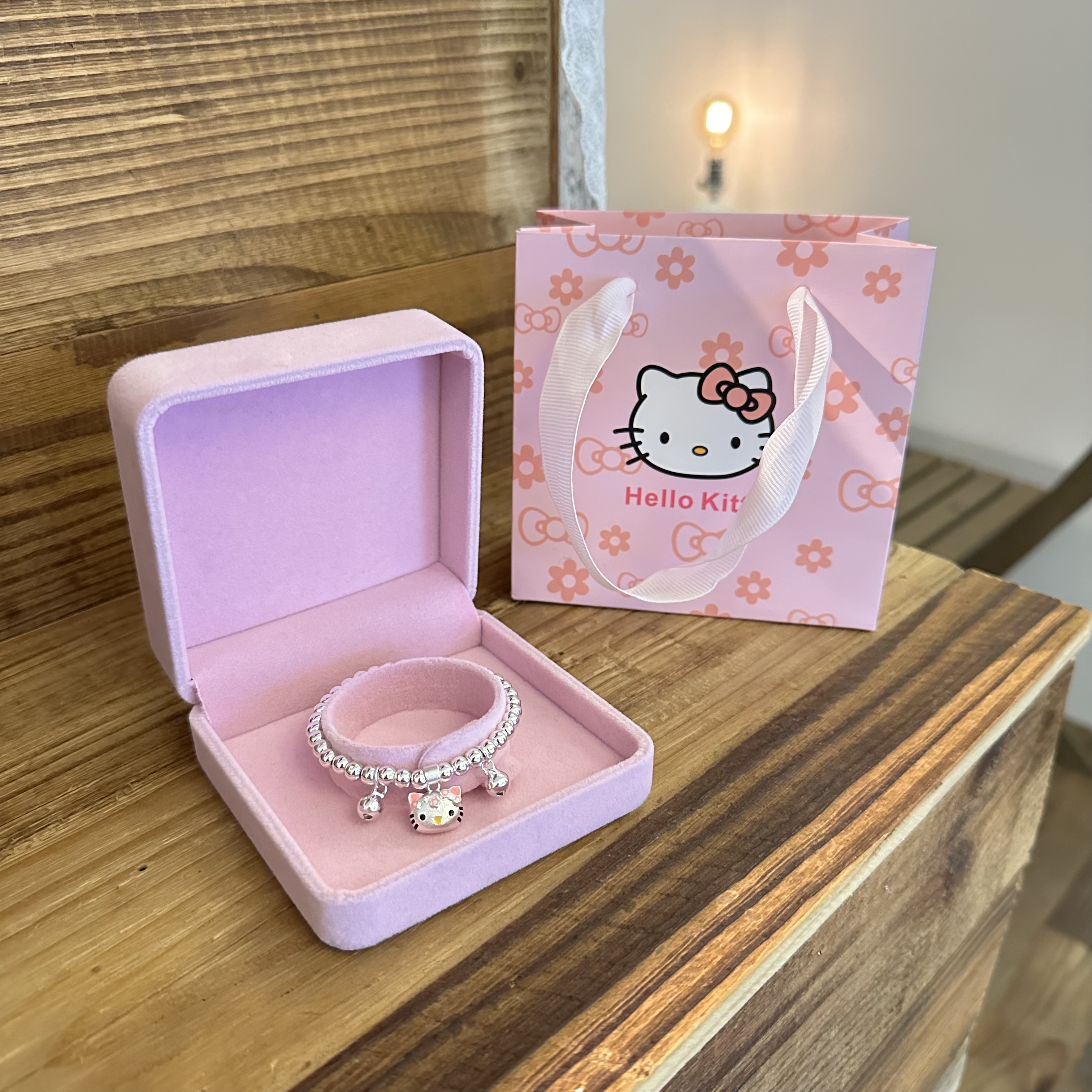 999纯银圆珠手链女俏皮可爱哈喽Kitty银吊坠手串儿童大人生日礼物