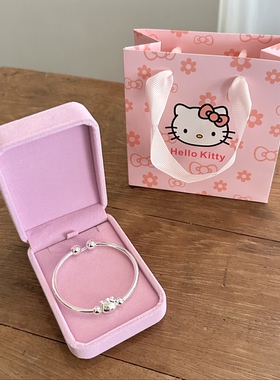 S925银HelloKitty开口手镯女可爱少女心可调节银饰送闺蜜生日礼物