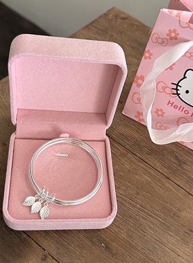 999足银手镯女三圈实心叶子吊坠小众高级感纯银镯子精美生日礼物