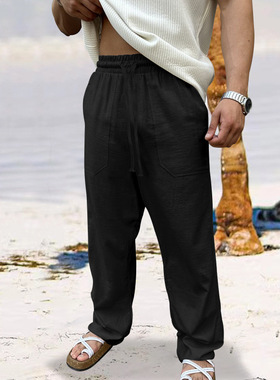 健身运动棉麻现货大码男裤透气吸汗纯色长裤基础款休闲阔腿裤