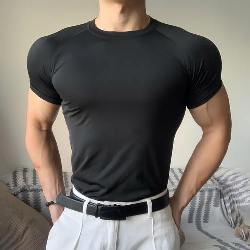 夏季黑色弹力显袖男士健身T恤