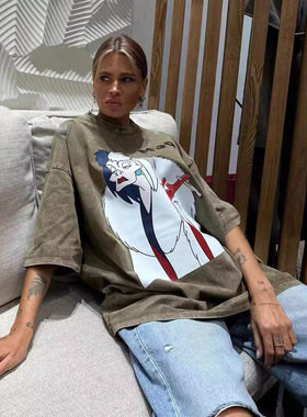 街头BF风潮流时尚气质百搭水洗美式做旧复古纯棉圆领短袖t恤女ins