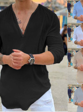 欧美新款男士衬衣V领休闲纯色T恤2024棉麻衬衫长袖肌肉男宽松