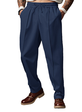 欧美健身百搭春秋男装时尚休闲纯色长裤宽松紧闭绳直筒长裤西装裤