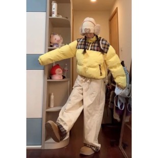 奶黄色格子短款羽绒棉服女冬季小个子派克面包服加厚保暖棉衣外套