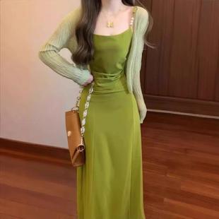 套装 女2025新款 法式 多巴胺绝美复古绿色吊带连衣裙子外搭披肩开衫