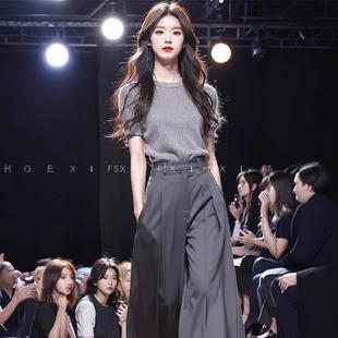 两件套装 夏装 上衣阔腿裤 搭配一整套2025春夏新款 小众休闲灰色短袖