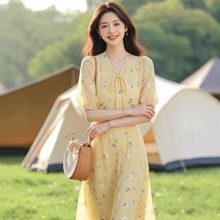 女2025年新款 優(yōu)雅氣質(zhì)碎花連衣裙夏裝 感收腰雪紡裙小清新顯瘦裙子