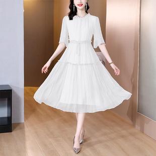 小清新甜美淑女夏修身 高品质气质中年女新款 纱中长裙荷叶领连衣裙