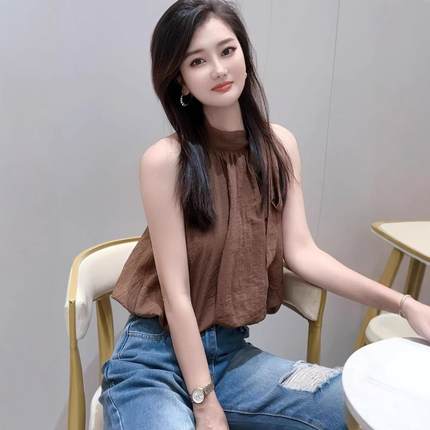 绝美漂亮挂脖上衣女2025新款爆款夏季轻奢高级感气质法式无袖衬衫