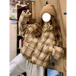 韩版冬季小个子高级感格子羽绒服女款加厚保暖棉服宽松百搭面包服
