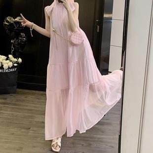 法式 仙女长裙海边度假沙滩裙子 粉色网纱挂脖吊带连衣裙女夏季 无袖