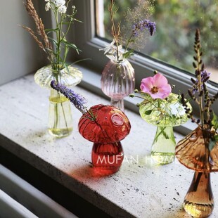 彩色玻璃小蘑菇花瓶香薰瓶家居民宿咖啡馆桌面装 饰摆件拍照道具