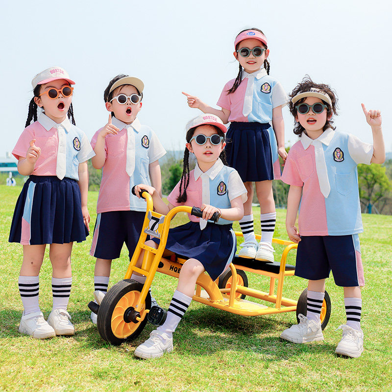 幼儿园服夏季运动套粉蓝拼