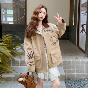 卡其色童趣涂鸦印花翻领撞色风衣外套女2025秋季韩系宽松休闲风图片