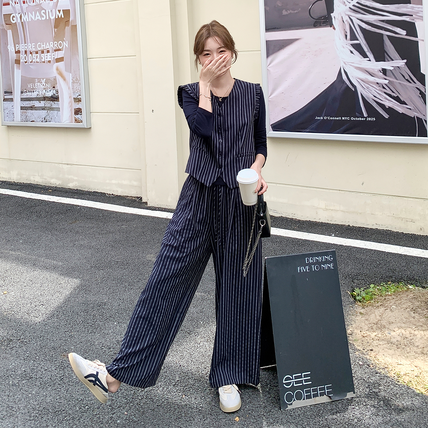 韩版时尚竖条纹马甲套装女2025春秋季新款好看打底衫阔腿裤三件套，女装套装/套裙，浙宝101