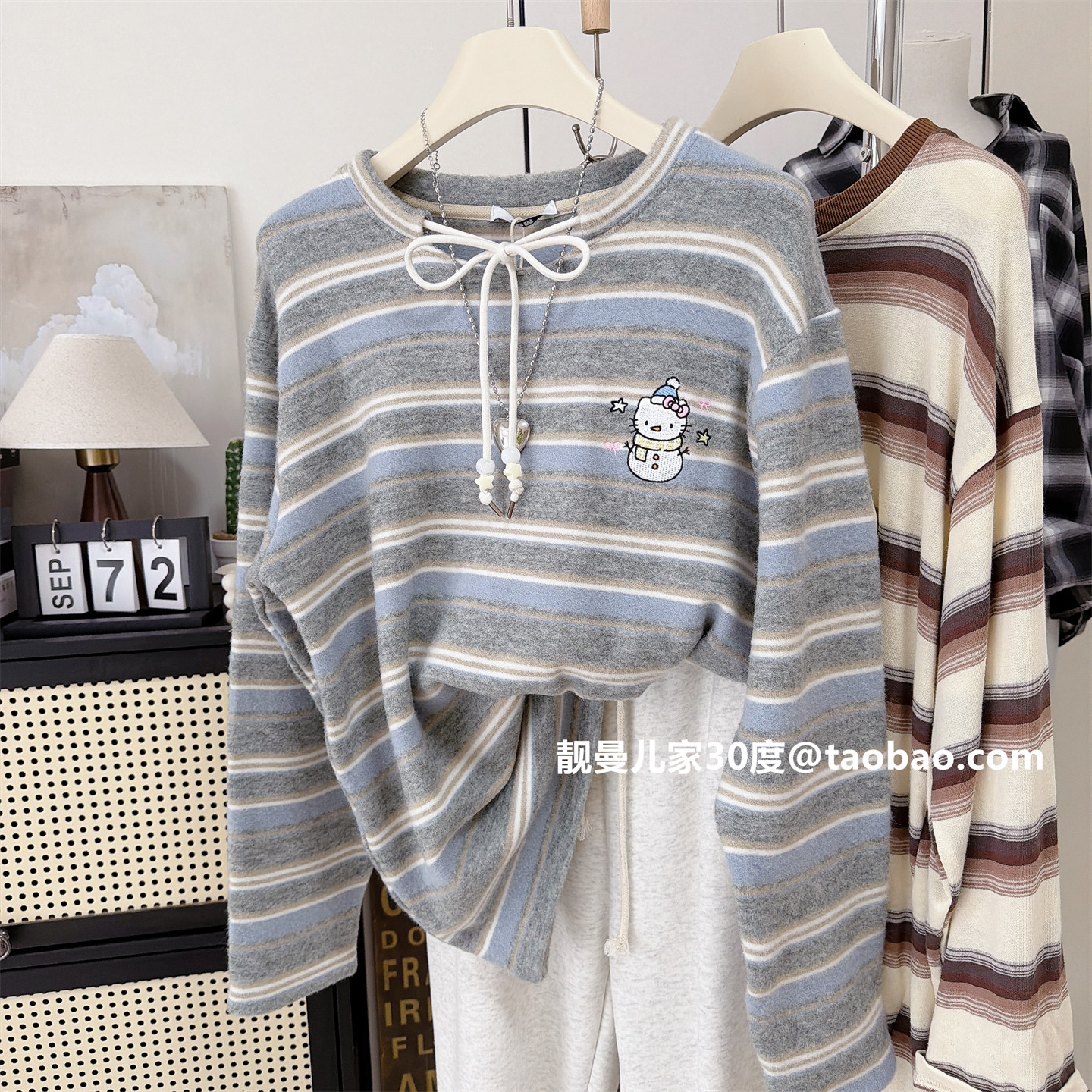 小雪人刺绣秋冬暖绒加厚宽松T恤