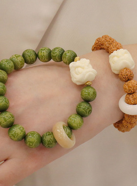 国风醒狮天然10MM菩提手链青绿菩提手串六字真言金刚跑环文玩手饰