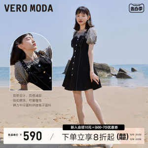 Vero Moda连衣裙秋冬新款假两件短袖牛仔拼接收腰女