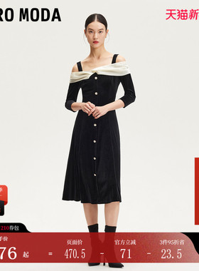 Vero Moda连衣裙2025夏季新款光泽感面料拼接一字领丝绒32517C005