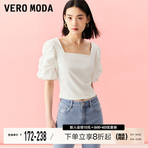 Vero ModaT恤上衣女2023秋冬新款方领泡泡袖甜美气质