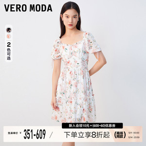 Vero Moda连衣裙2023秋冬新款花朵波点植绒绑带木耳边泡泡袖拉链