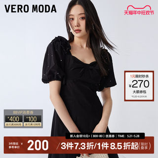 Vero Moda连衣裙2023夏季新款法式方领水钻蝴蝶结泡泡袖小黑裙