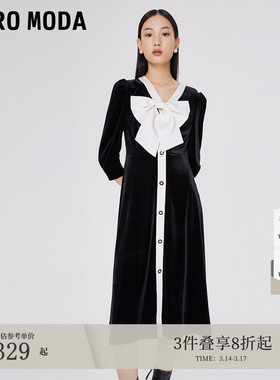 Vero Moda连衣裙秋冬小香风领结装饰丝绒裙优雅32437C008