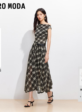 Vero Moda套装女2026夏季斜肩荡领网纱格纹上衣格纹半裙326101003