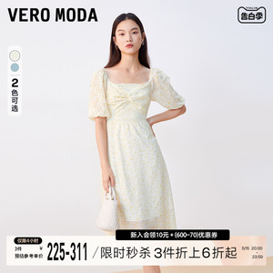 Vero Moda连衣裙2023秋冬新款花朵纹理感方领高腰有内衬