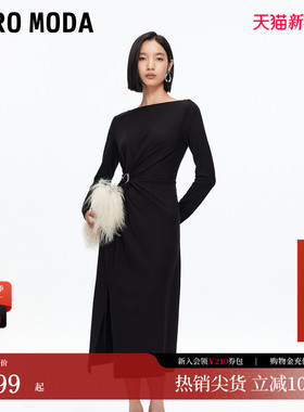 Vero Moda连衣裙2025秋季新款底摆开叉金属扣收腰中长裙时髦大气