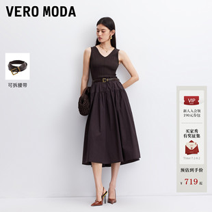 Vero Moda连衣裙2026秋季新款腰带收腰无袖拼接中长A摆32637A008