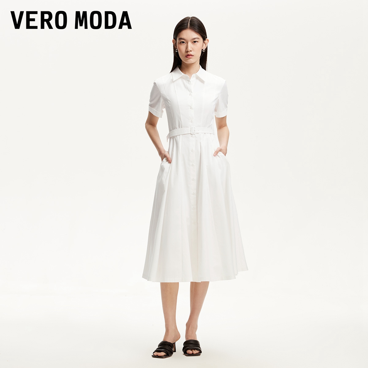 Vero Moda连衣裙2025夏季新款含棉腰带收腰单排扣衬衫裙32527B028