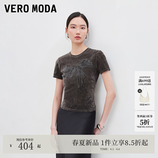 Vero 新款 蝴蝶结印花闪钻丝绒短袖 上衣326201059 ModaT恤2026夏季