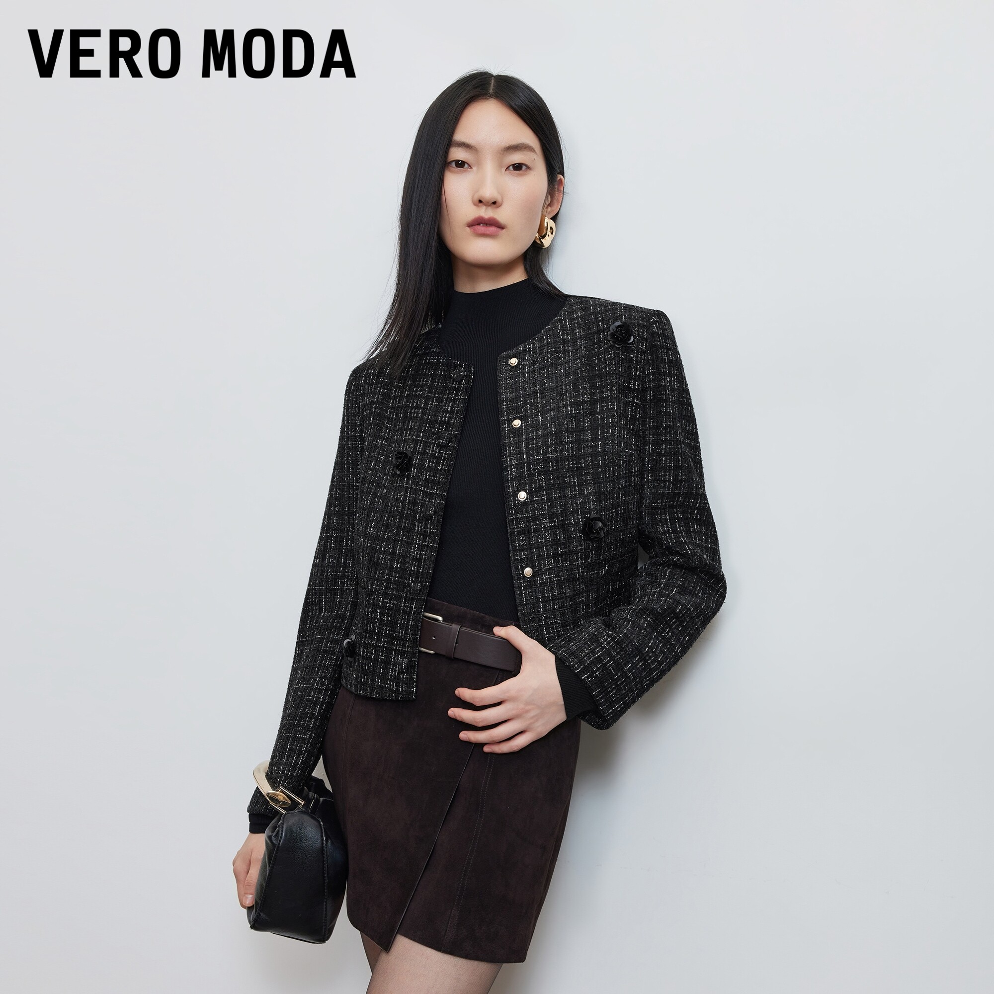 Vero Moda短外套女2026秋冬新款立体花朵装饰单排暗扣小香风外套