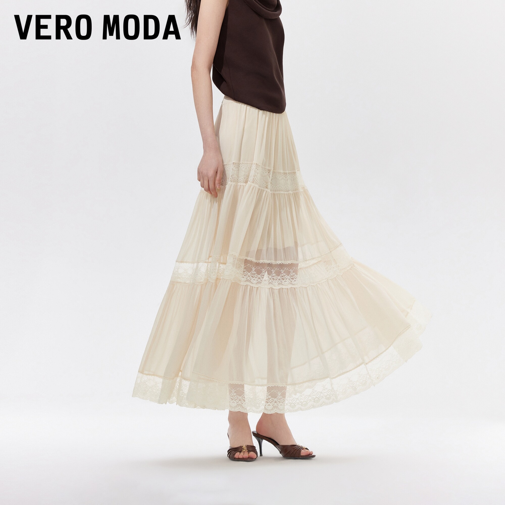 Vero Moda半身裙2026夏季新款雪纺蕾丝拼接A字褶皱蛋糕裙法式度假